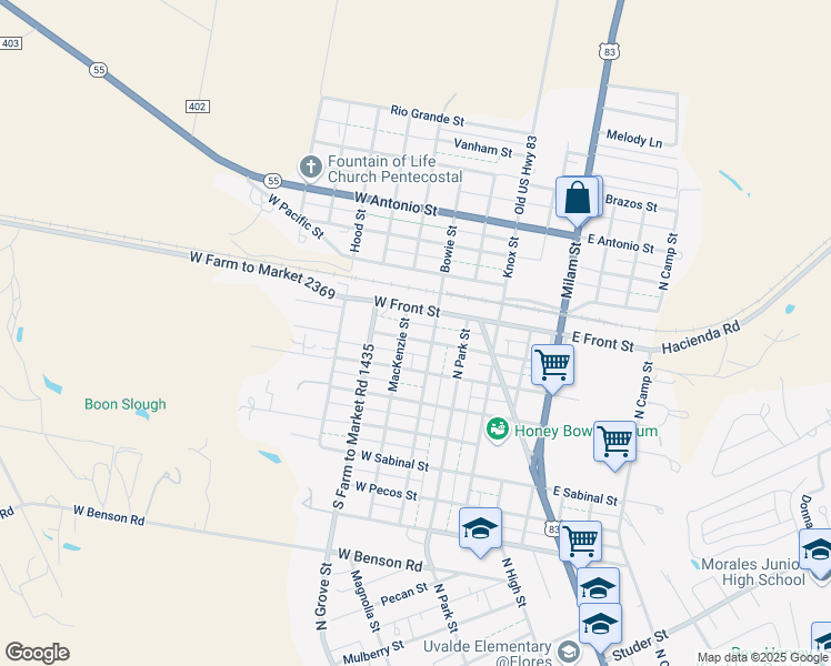 map of restaurants, bars, coffee shops, grocery stores, and more near 212 West Commerce Street in Uvalde