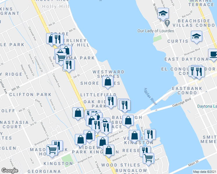 map of restaurants, bars, coffee shops, grocery stores, and more near 312 Riverside Drive in Daytona Beach