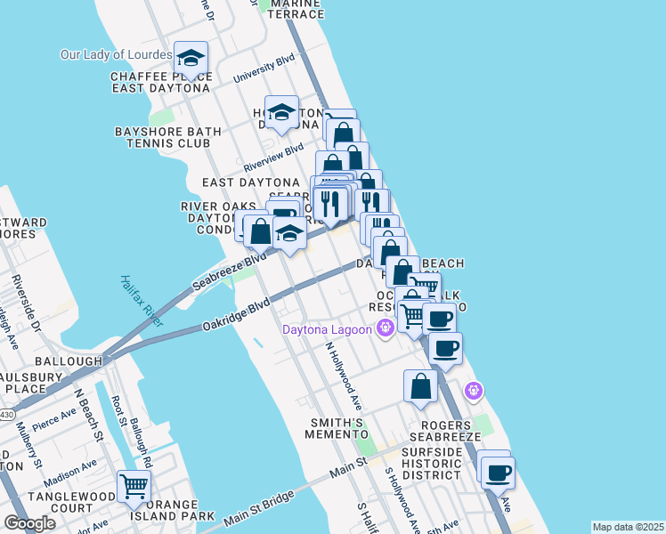 map of restaurants, bars, coffee shops, grocery stores, and more near 501 North Wild Olive Avenue in Daytona Beach