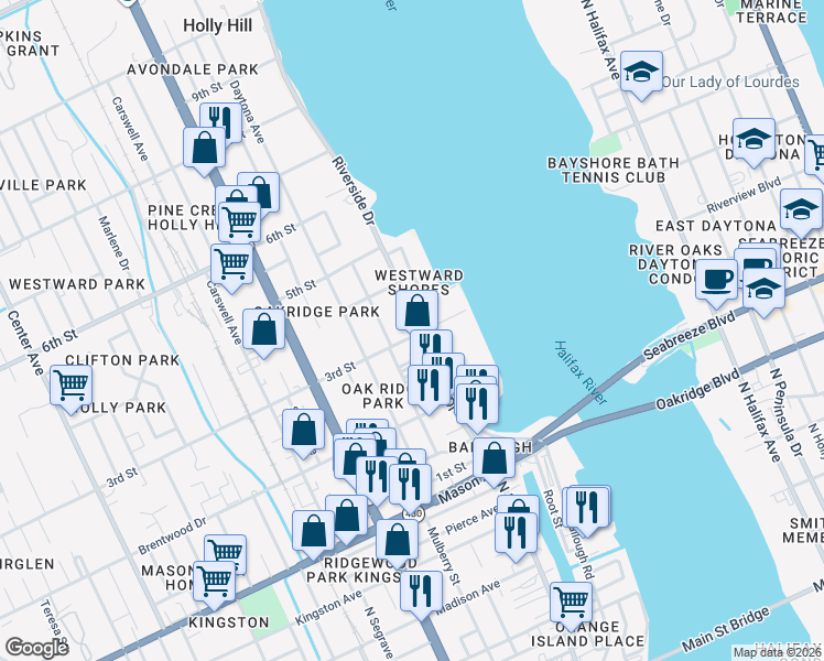 map of restaurants, bars, coffee shops, grocery stores, and more near 312 Riverside Drive in Daytona Beach