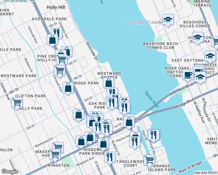 map of restaurants, bars, coffee shops, grocery stores, and more near 312 Riverside Drive in Daytona Beach