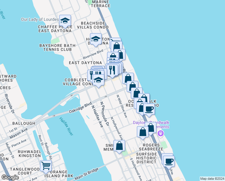 map of restaurants, bars, coffee shops, grocery stores, and more near 501 North Wild Olive Avenue in Daytona Beach