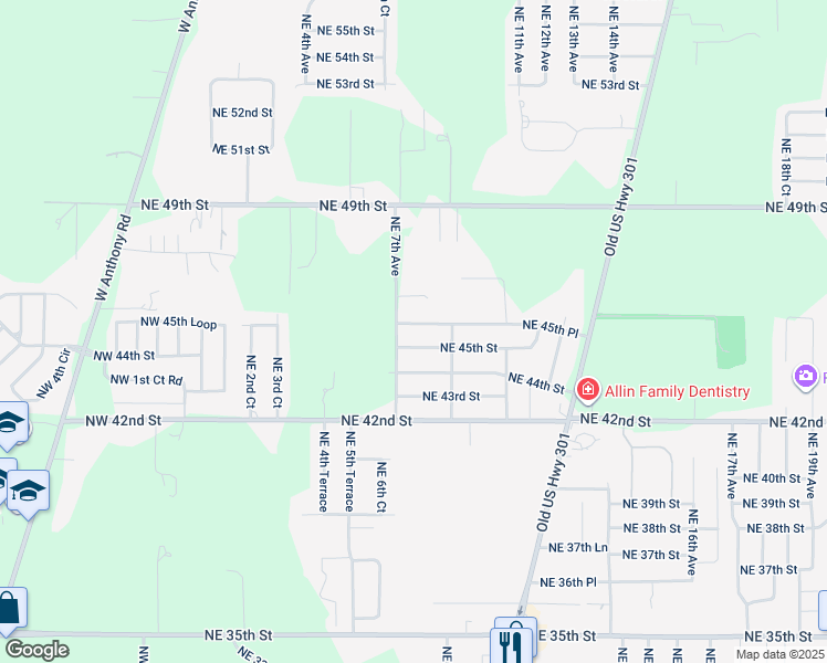 map of restaurants, bars, coffee shops, grocery stores, and more near 710 Northeast 45th Place in Ocala