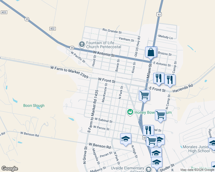 map of restaurants, bars, coffee shops, grocery stores, and more near 304 West Commerce Street in Uvalde