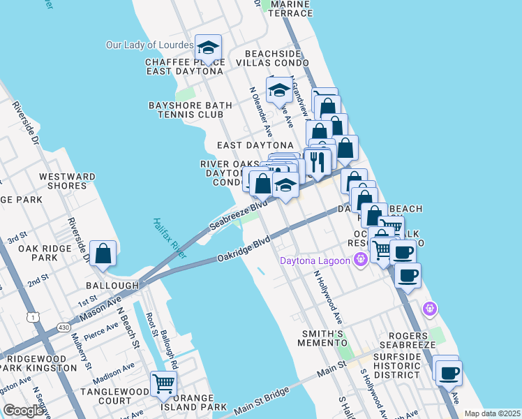 map of restaurants, bars, coffee shops, grocery stores, and more near 202 Seabreeze Boulevard in Daytona Beach