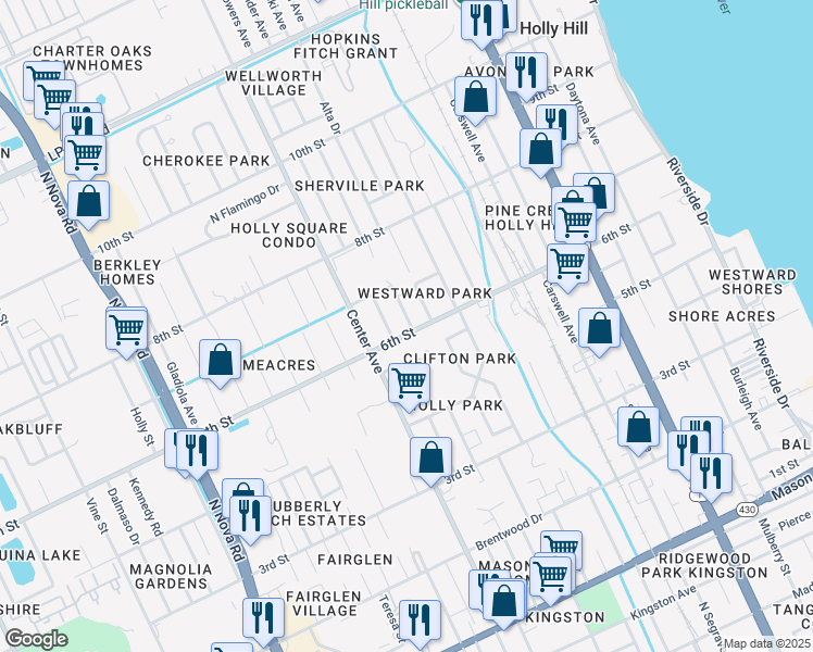 map of restaurants, bars, coffee shops, grocery stores, and more near 530 6th Street in Daytona Beach