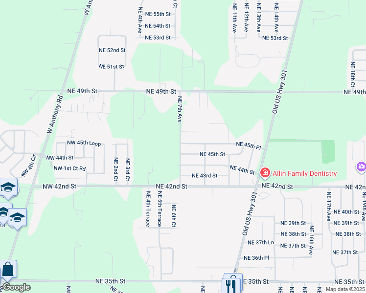 map of restaurants, bars, coffee shops, grocery stores, and more near 710 Northeast 45th Place in Ocala