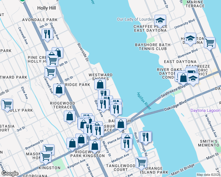 map of restaurants, bars, coffee shops, grocery stores, and more near 307 Riverside Drive in Daytona Beach