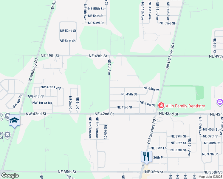 map of restaurants, bars, coffee shops, grocery stores, and more near 710 Northeast 45th Place in Ocala