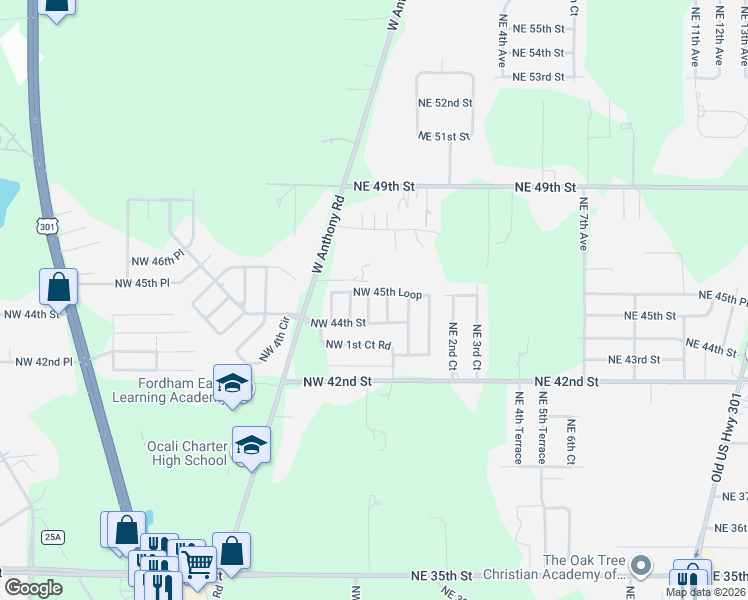 map of restaurants, bars, coffee shops, grocery stores, and more near 4398 Northwest 1 Avenue in Ocala