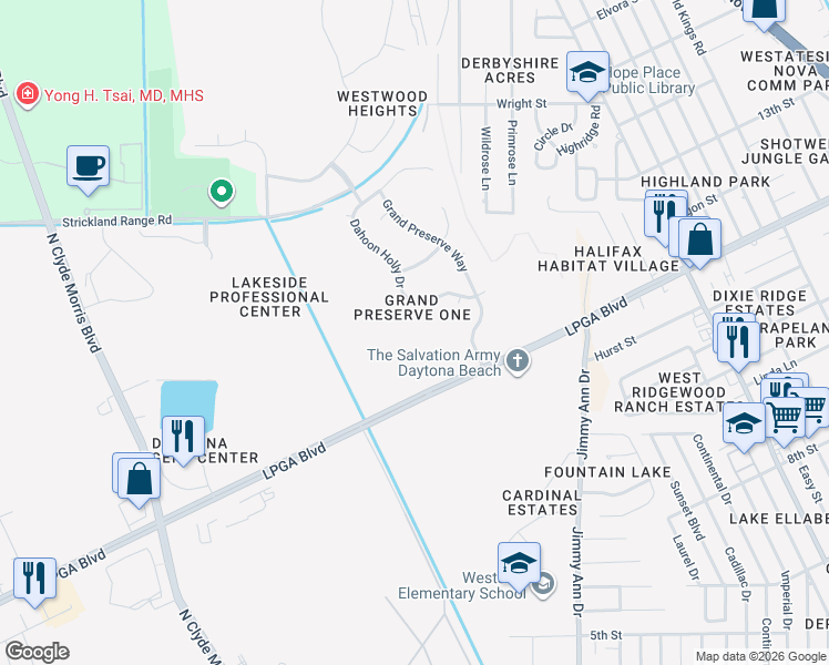 map of restaurants, bars, coffee shops, grocery stores, and more near 247 Dahoon Holly Drive in Daytona Beach