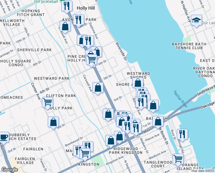 map of restaurants, bars, coffee shops, grocery stores, and more near 403 Ridgewood Avenue in Daytona Beach