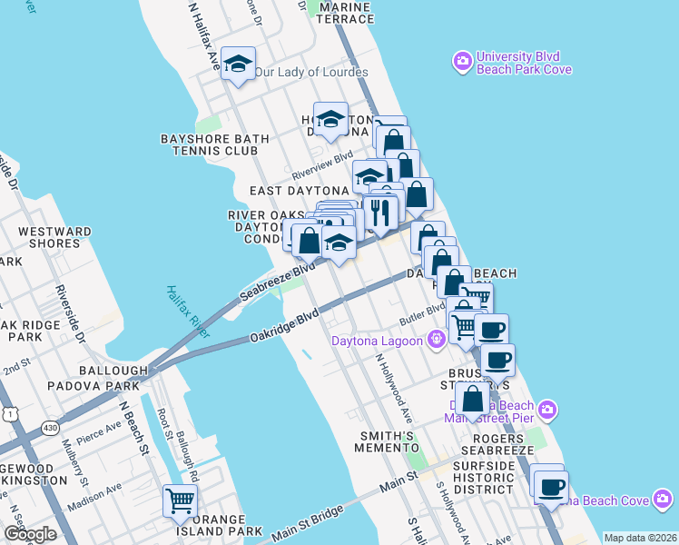 map of restaurants, bars, coffee shops, grocery stores, and more near 534 North Peninsula Drive in Daytona Beach
