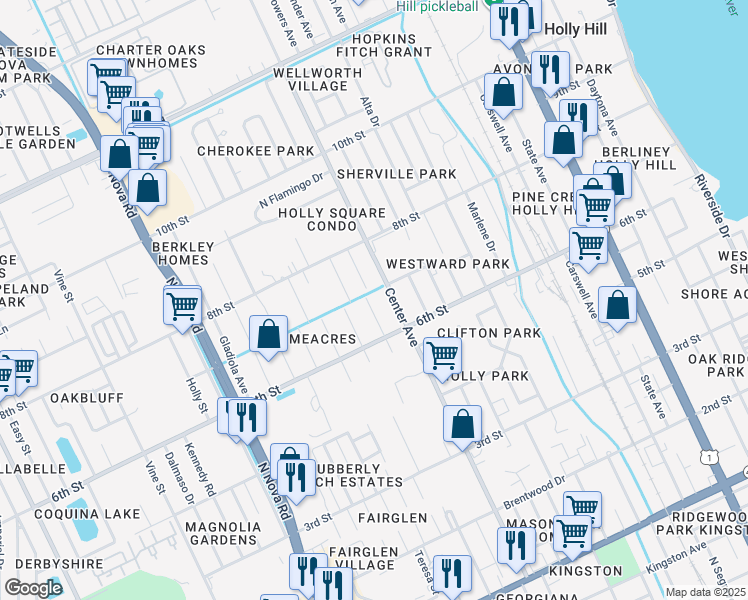 map of restaurants, bars, coffee shops, grocery stores, and more near 668 Ash Avenue in Daytona Beach