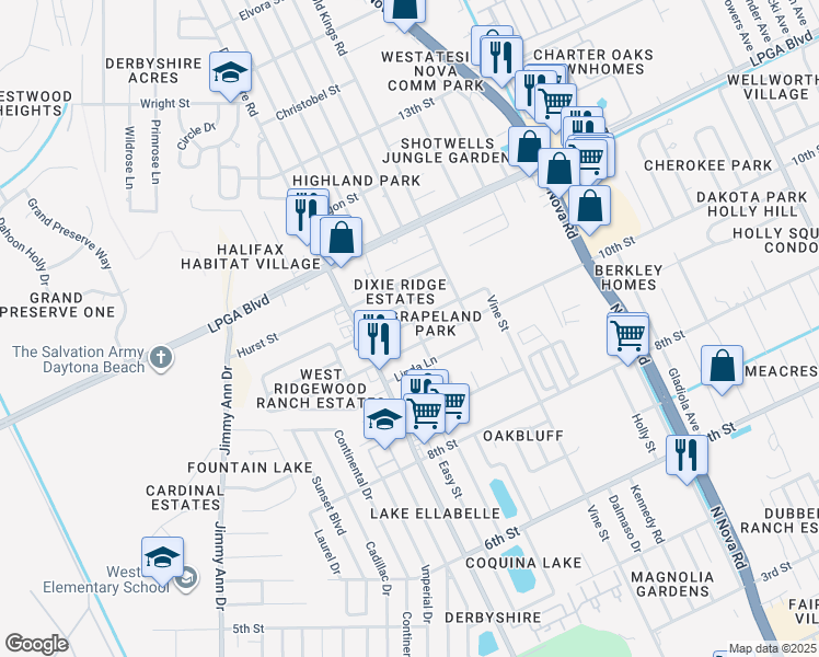 map of restaurants, bars, coffee shops, grocery stores, and more near 1219 David Drive in Daytona Beach