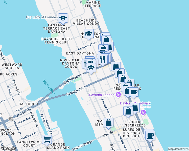map of restaurants, bars, coffee shops, grocery stores, and more near 519 North Oleander Avenue in Daytona Beach