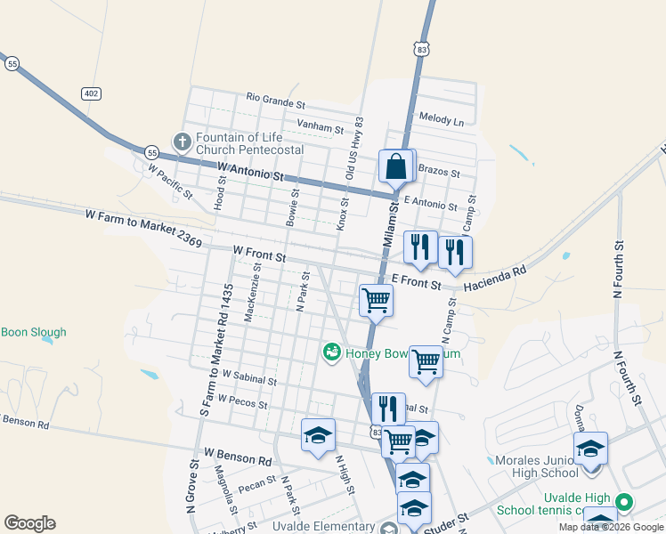 map of restaurants, bars, coffee shops, grocery stores, and more near Farm to Market Road 2369 in Uvalde