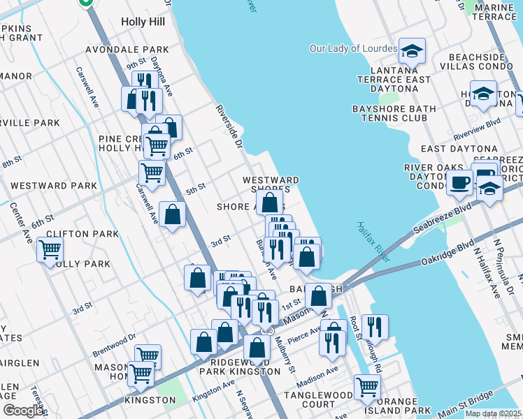 map of restaurants, bars, coffee shops, grocery stores, and more near 312 Riverside Drive in Daytona Beach