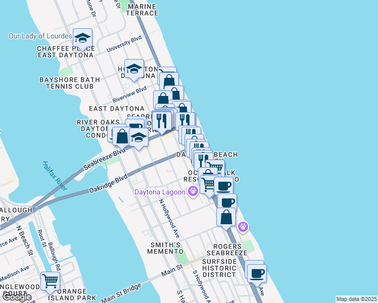map of restaurants, bars, coffee shops, grocery stores, and more near 431 North Atlantic Avenue in Daytona Beach