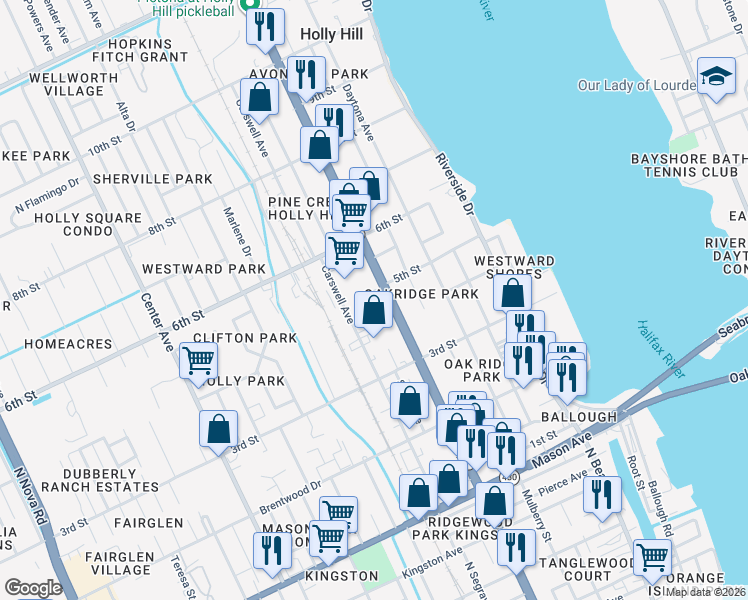 map of restaurants, bars, coffee shops, grocery stores, and more near 468 Ridgewood Avenue in Holly Hill