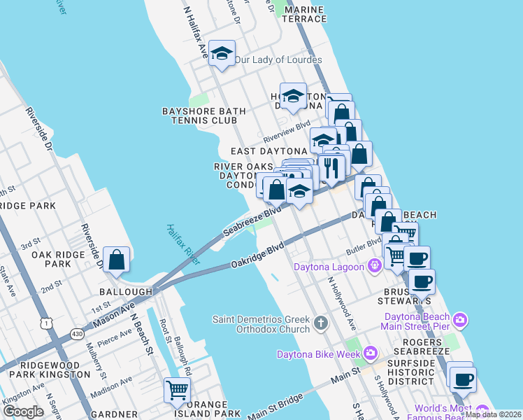 map of restaurants, bars, coffee shops, grocery stores, and more near 101 Seabreeze Boulevard in Daytona Beach