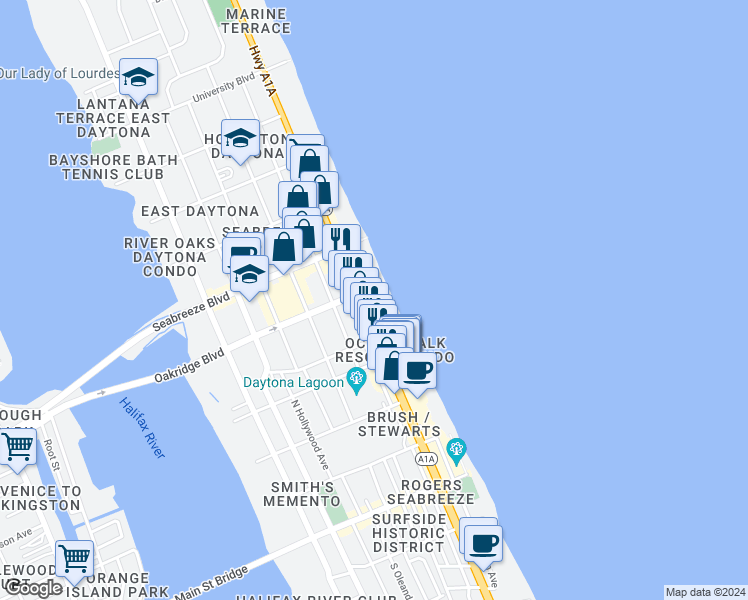 map of restaurants, bars, coffee shops, grocery stores, and more near 422 North Atlantic Avenue in Daytona Beach