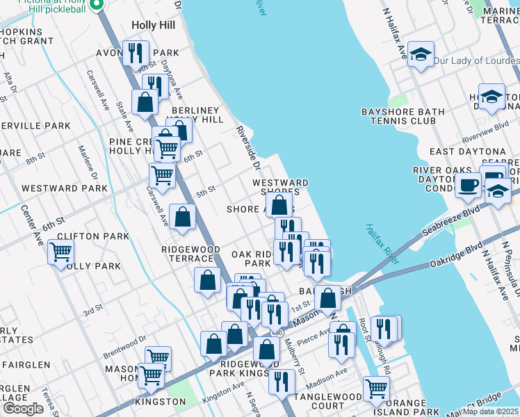 map of restaurants, bars, coffee shops, grocery stores, and more near 328 Burleigh Avenue in Daytona Beach