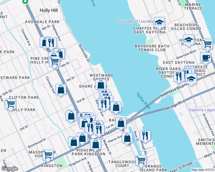 map of restaurants, bars, coffee shops, grocery stores, and more near 307 Riverside Drive in Daytona Beach