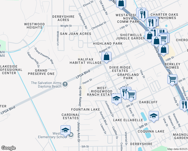map of restaurants, bars, coffee shops, grocery stores, and more near 1350 Hurst Street in Holly Hill