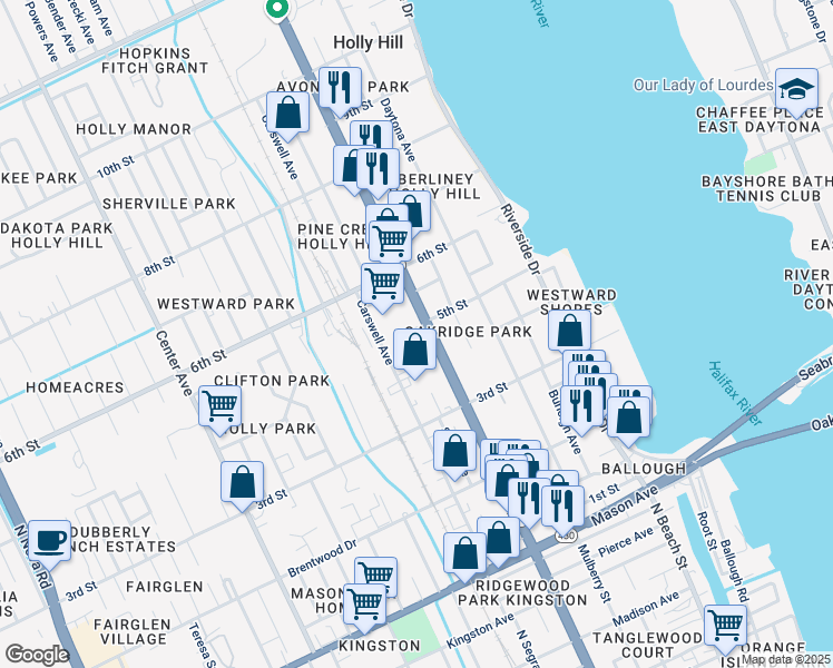 map of restaurants, bars, coffee shops, grocery stores, and more near 468 Ridgewood Avenue in Holly Hill