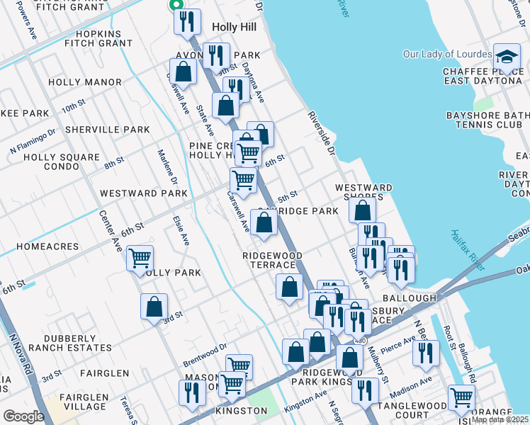 map of restaurants, bars, coffee shops, grocery stores, and more near 468 Ridgewood Avenue in Holly Hill
