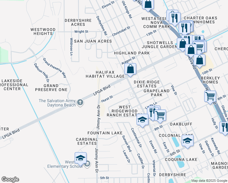 map of restaurants, bars, coffee shops, grocery stores, and more near 1350 Hurst Street in Holly Hill
