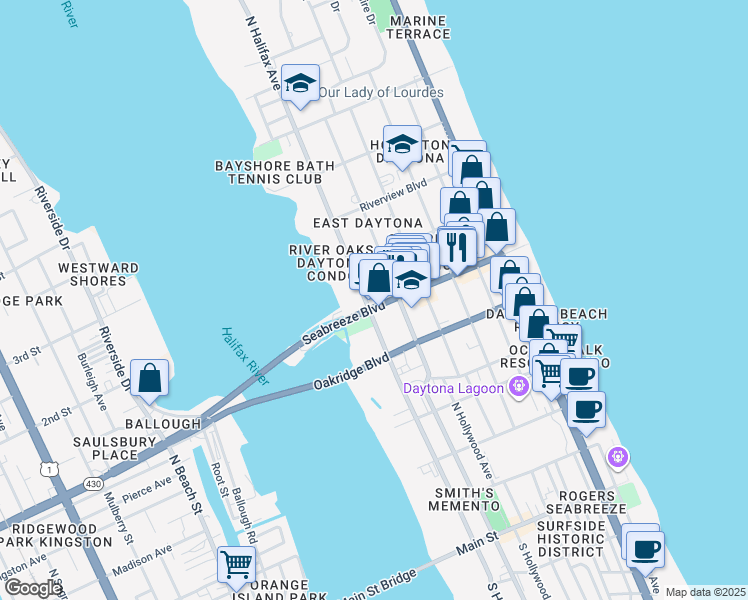 map of restaurants, bars, coffee shops, grocery stores, and more near 202 Seabreeze Boulevard in Daytona Beach