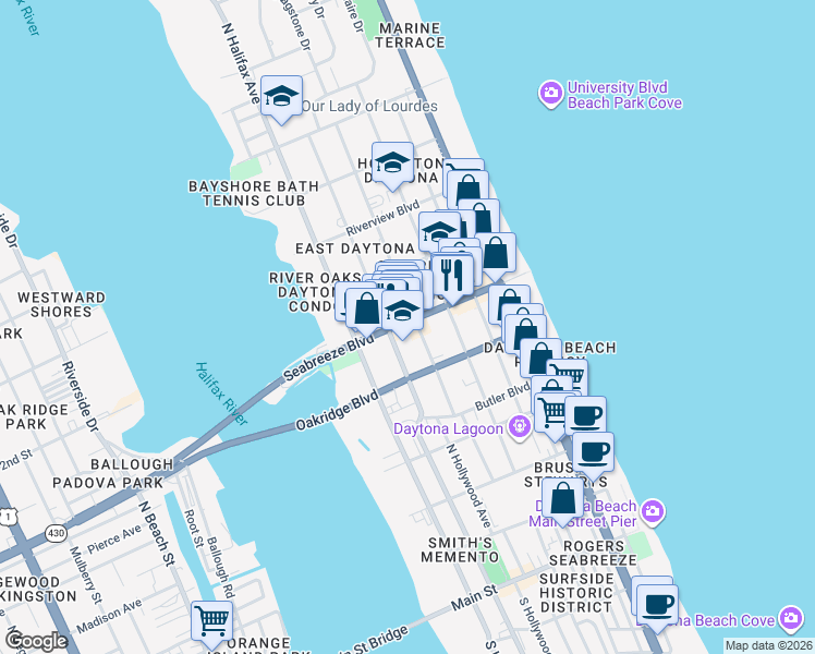 map of restaurants, bars, coffee shops, grocery stores, and more near 534 North Peninsula Drive in Daytona Beach