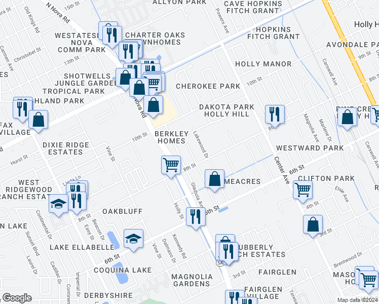 map of restaurants, bars, coffee shops, grocery stores, and more near 820 Narcissus Avenue in Holly Hill