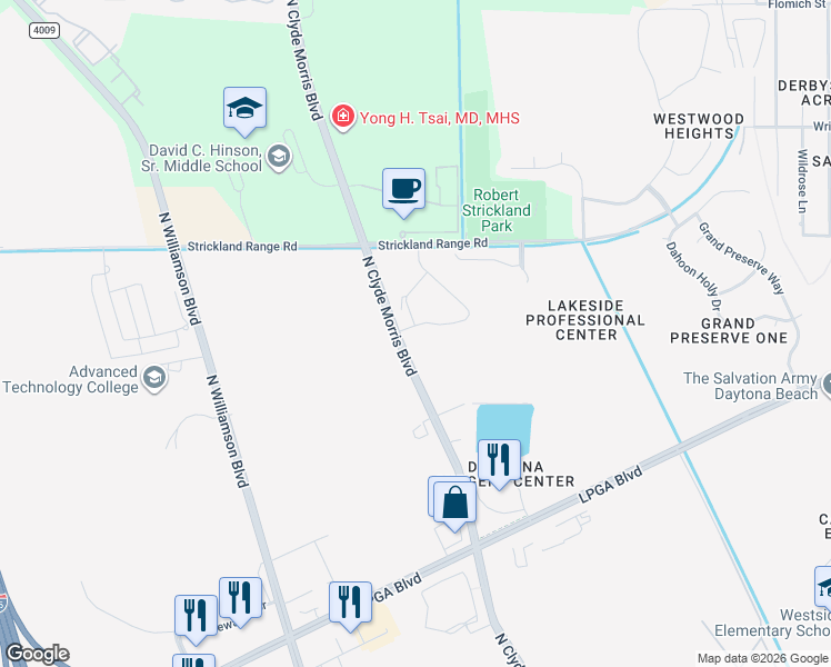 map of restaurants, bars, coffee shops, grocery stores, and more near 1737 North Clyde Morris Boulevard in Daytona Beach
