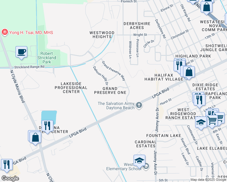 map of restaurants, bars, coffee shops, grocery stores, and more near 247 Dahoon Holly Drive in Daytona Beach