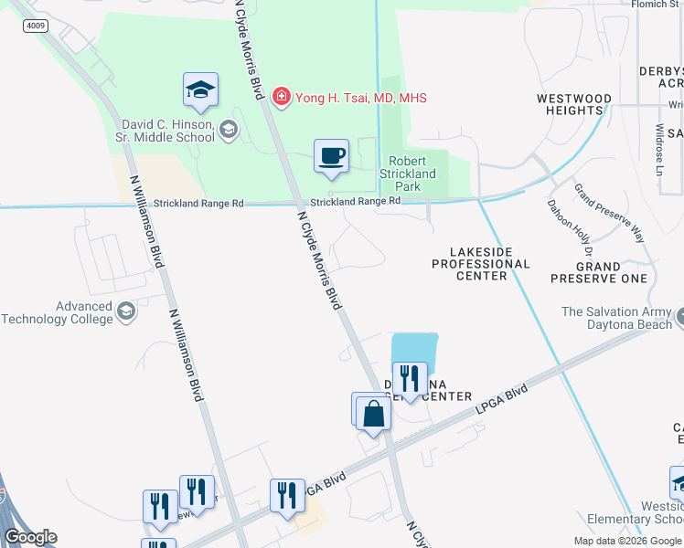 map of restaurants, bars, coffee shops, grocery stores, and more near 1737 North Clyde Morris Boulevard in Daytona Beach