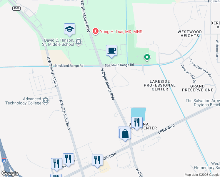 map of restaurants, bars, coffee shops, grocery stores, and more near 1781 North Clyde Morris Boulevard in Daytona Beach