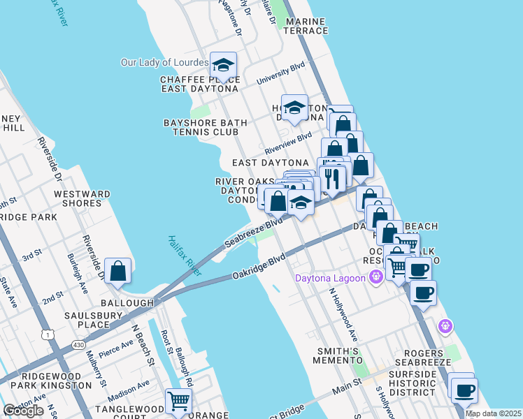 map of restaurants, bars, coffee shops, grocery stores, and more near 214 Glenview Boulevard in Daytona Beach