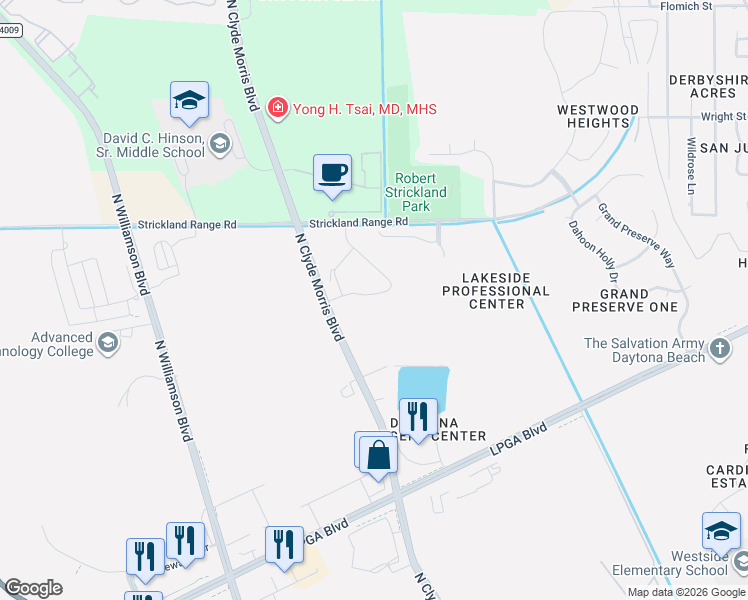 map of restaurants, bars, coffee shops, grocery stores, and more near 217 Tarracina Way in Daytona Beach