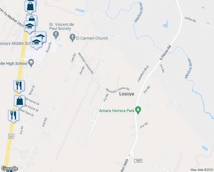 map of restaurants, bars, coffee shops, grocery stores, and more near 2048 Martinez Losoya Road in San Antonio