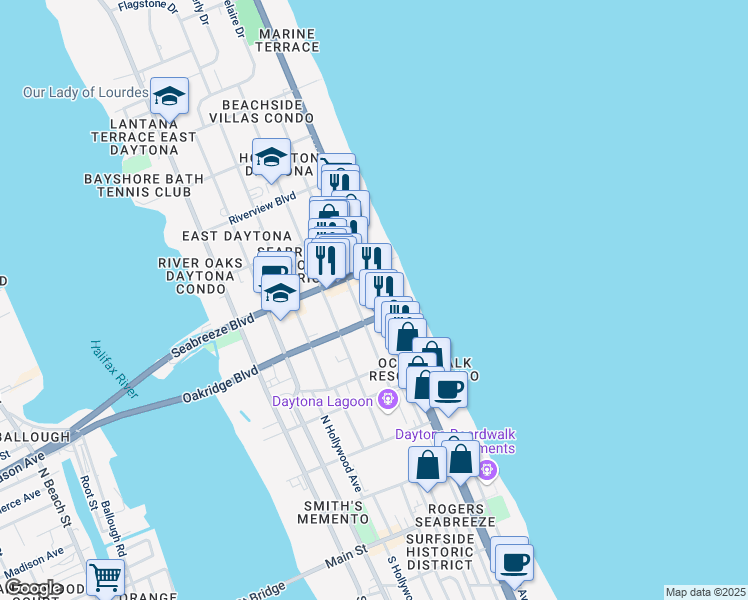 map of restaurants, bars, coffee shops, grocery stores, and more near 527 Florida A1A in Daytona Beach