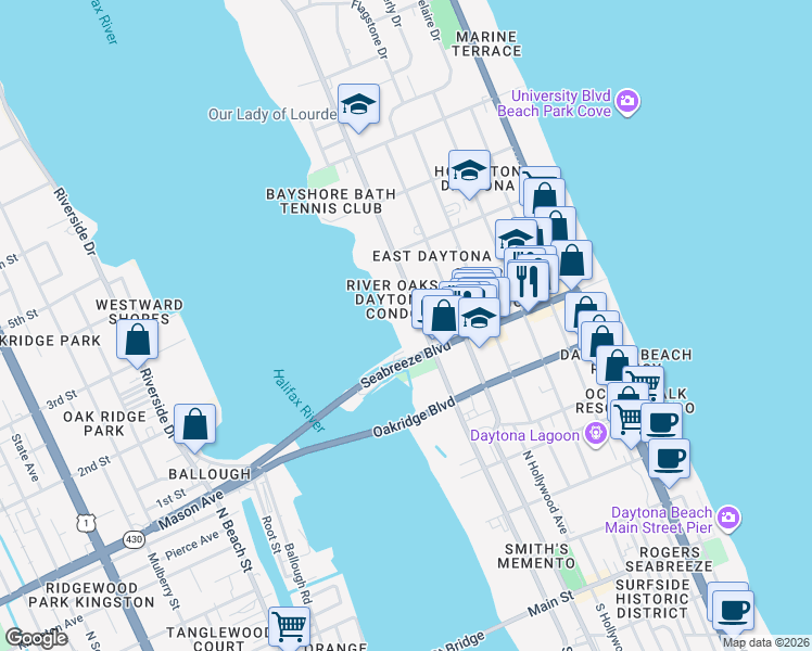 map of restaurants, bars, coffee shops, grocery stores, and more near 100 Glenview Boulevard in Daytona Beach