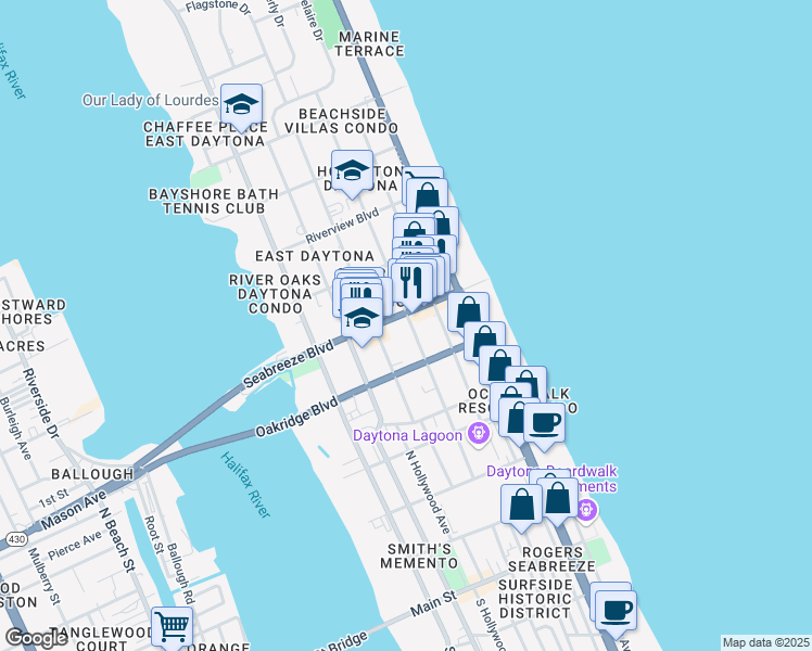 map of restaurants, bars, coffee shops, grocery stores, and more near 441 Seabreeze Boulevard in Daytona Beach