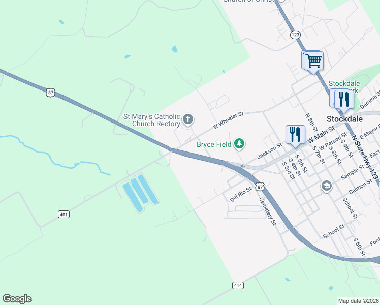 map of restaurants, bars, coffee shops, grocery stores, and more near 106 North Street Mary's Street in Stockdale