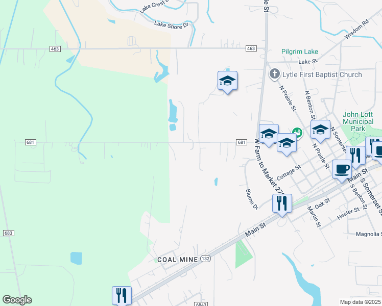 map of restaurants, bars, coffee shops, grocery stores, and more near 15830 County Road 681 in Lytle