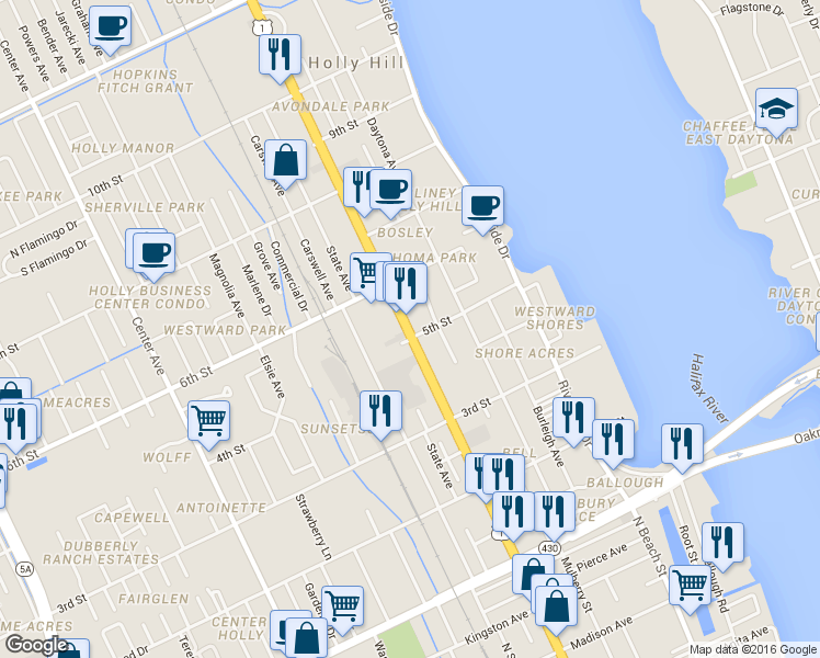 map of restaurants, bars, coffee shops, grocery stores, and more near 521 U.S. 1 in Daytona Beach