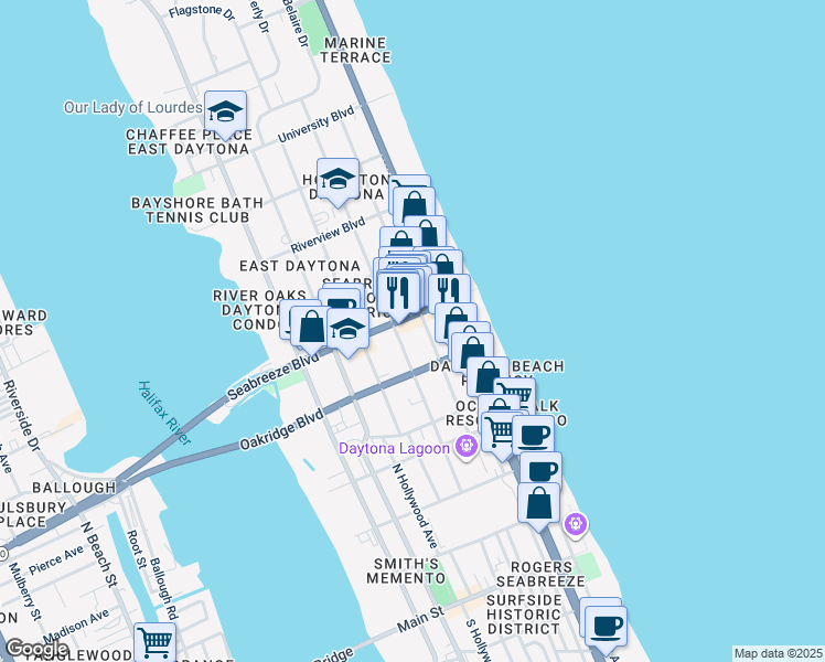map of restaurants, bars, coffee shops, grocery stores, and more near 550 Seabreeze Boulevard in Daytona Beach