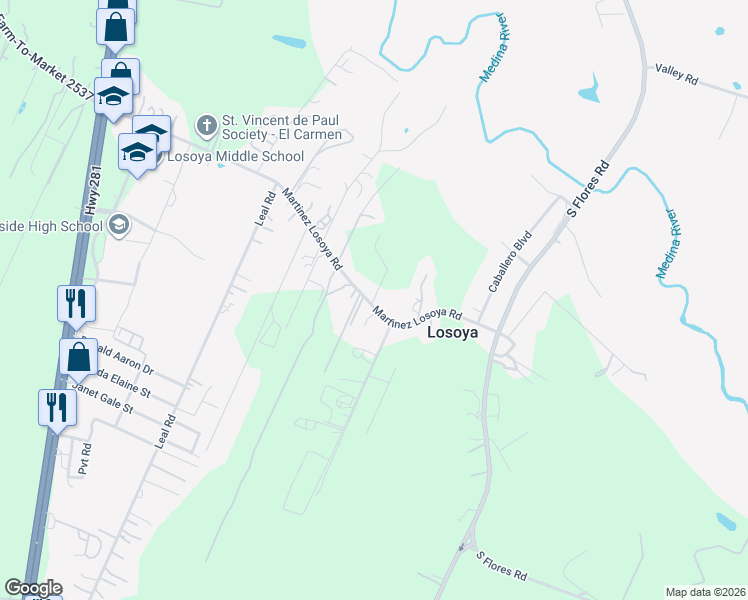 map of restaurants, bars, coffee shops, grocery stores, and more near 2048 Martinez Losoya Road in San Antonio